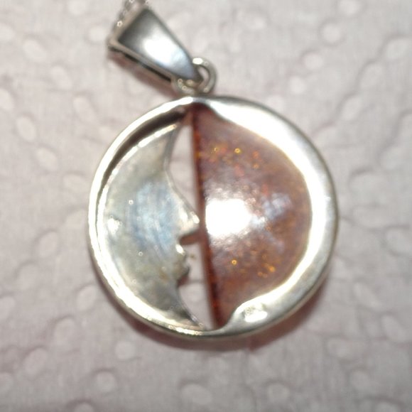 Vtg. 925 SS Amber Man In Moon Pendant Necklace - Picture 4 of 8